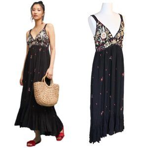 ANTHROPOLOGIE Ranna Gill Fiona Black Maxi Dress Red Floral Embroidery Ruffle Hem